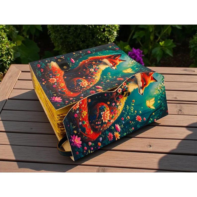 Fox Leather Journal Vintage Handmade Notebook With Key Grimoire Spell Book of Shadows Celestial Diary Christmas Gifts For Him Her