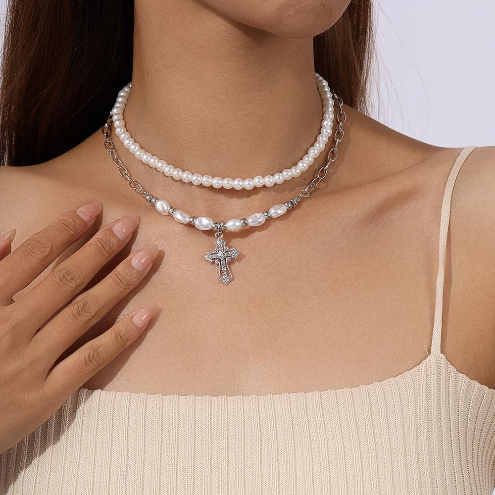 2pcs Elegant Cross Pendant Necklaces for Women Girls Pearl Choker Necklace Handmade Party Jewelry Gift