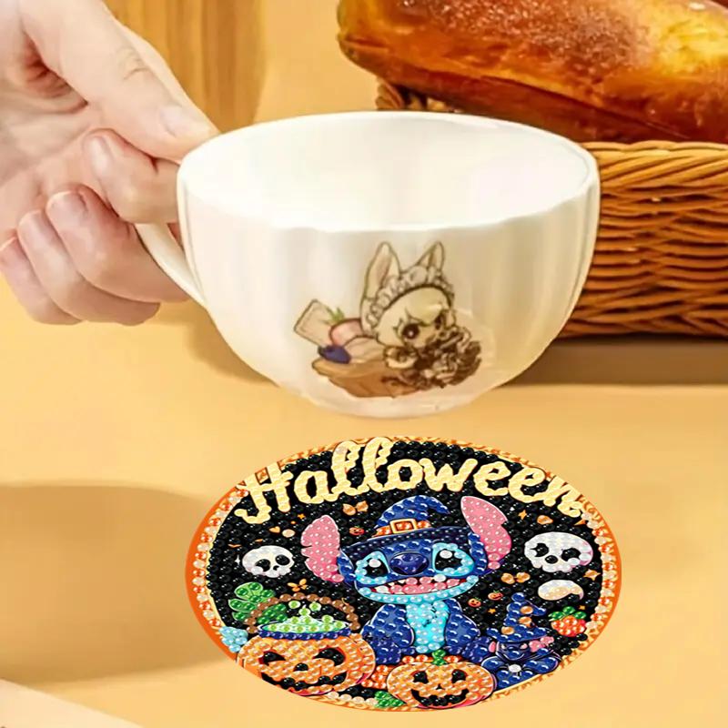 8-piece Set of DIY Diamond Painted Coasters with The Stitch Goblin Series Pattern and Complimentary Cup Holder
