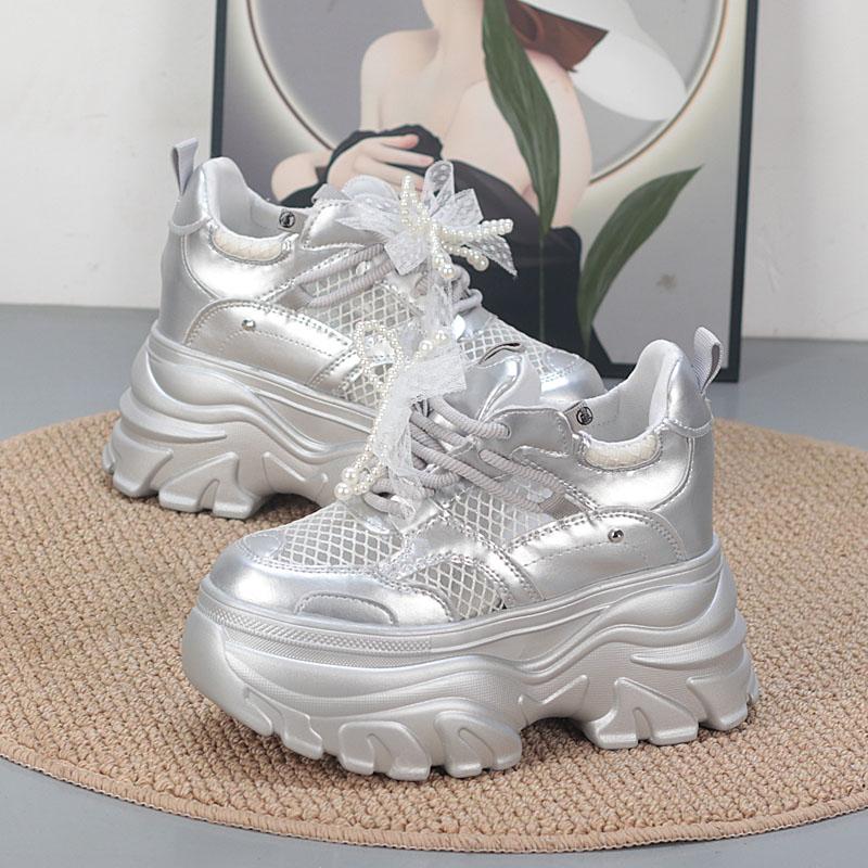 Fashion 11CM  Air Mesh Microfiber Leather High Brand Comfy Chunky Sneaker Lace Up Shoes Sandals Women Platform Wedge Fashion Summer