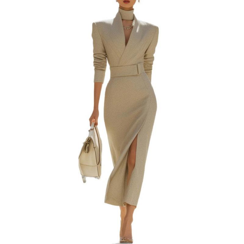Europe and the United States 2025 autumn temperament V-neck slim-fit version medium and long hip-wrapped fashion dress women