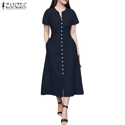 Vestido Casual Feminino de Verão de Manga Curta com Decote em V e Cor Sólida