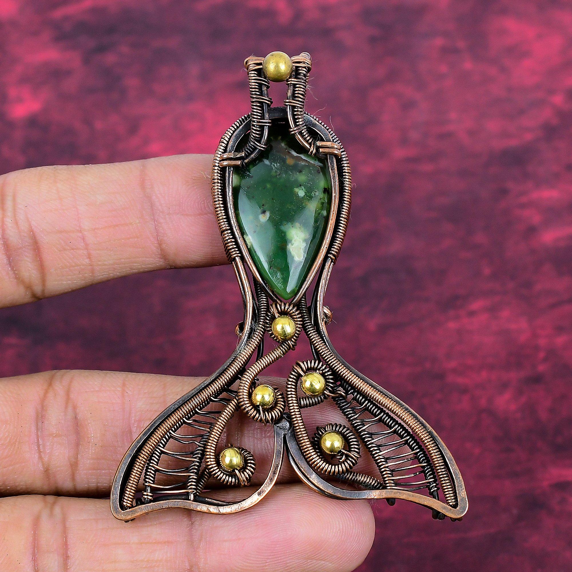 Chrysoprase Gemstone Pendant Fish Jewelry Copper Wire Wrapped Handmade Pendant