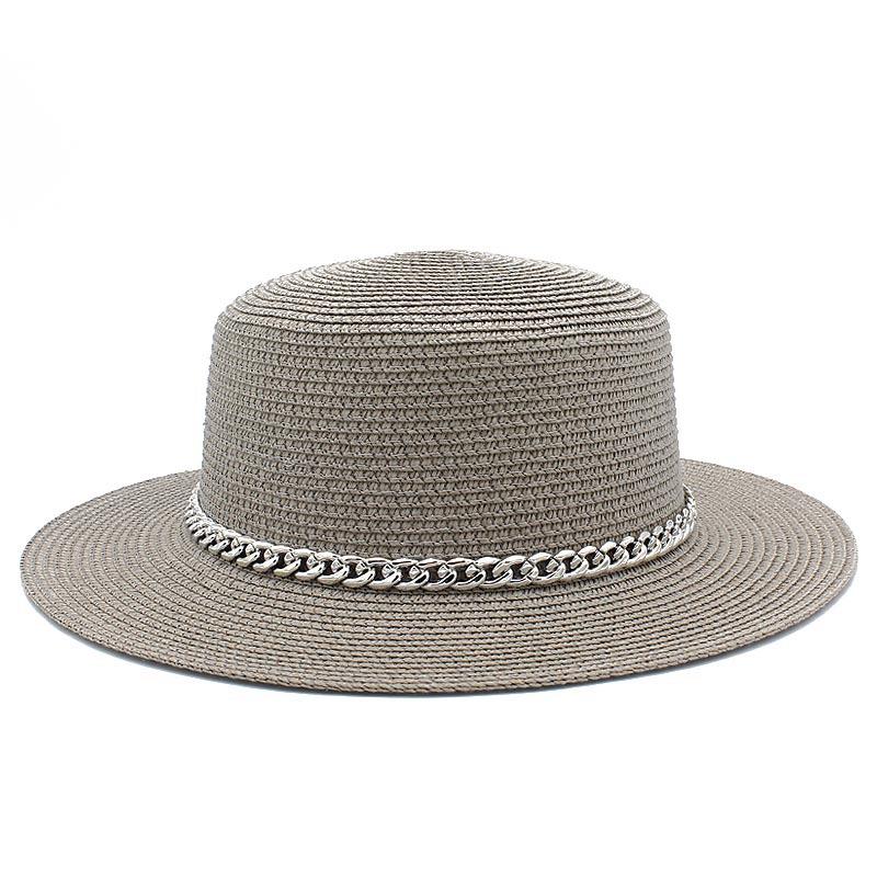 Spring and summer women's travel sunscreen straw hat fashion chain solid color beach British style jazz hat Hats