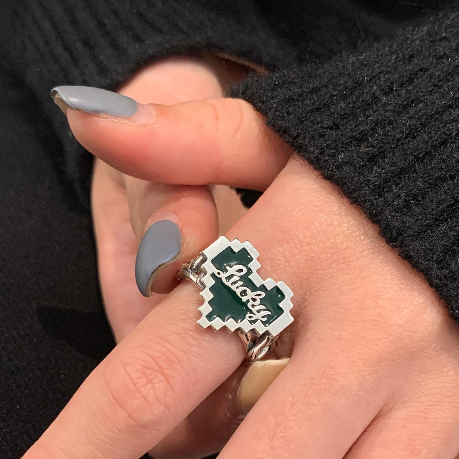 

S925 Sterling Stunning Silver Deep Dark Green Mosaic Heart Open Adjustable Ring For Women