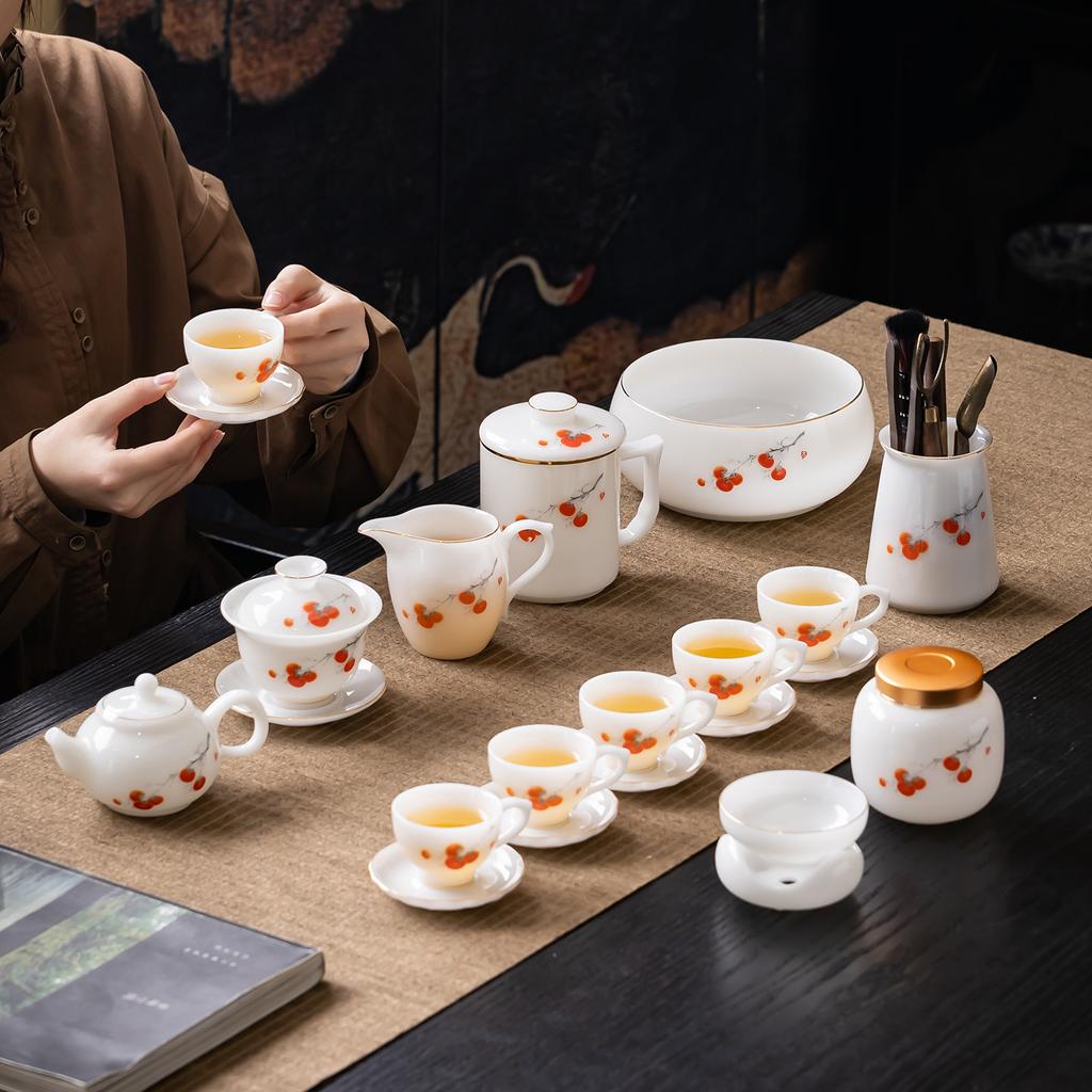 A large set of pure jade ice jade porcelain kung fu tea set will be given to leaders as high-end high-end gifts, and business high-end gifts.
