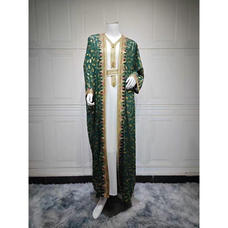 

New Middle East Robe Chiffon Bronzing One-piece Dress set Chiffon Hot Stamping Dress Set Dark green XL