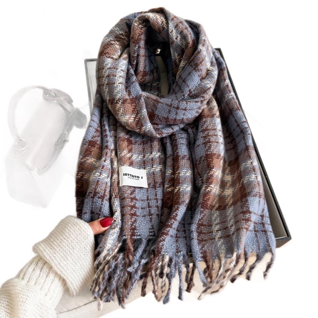 Cream Blue Plaid Scarf Female Korean Atmosphere Korean Version Versatile Winter Warm Windproof Couple Internet Celebrity Shawl Scarf