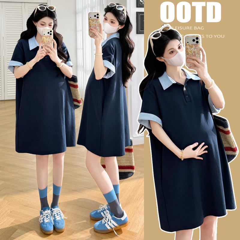 

2026 Spring/Summer Plus Size Maternity T-Shirt Dress - Mid-Length, Short Sleeve, Casual Loose Fit. L темно-синього кольору