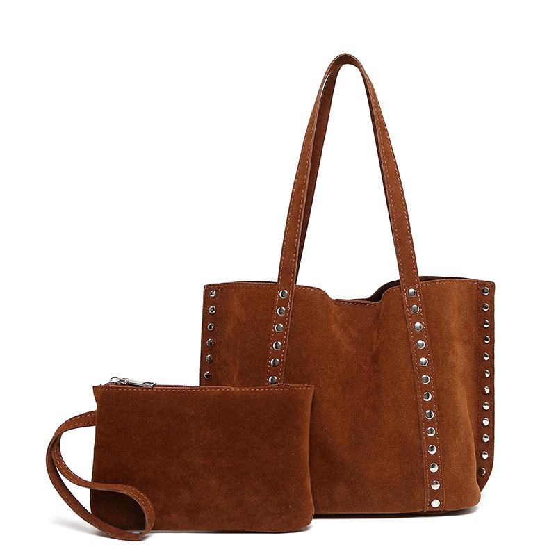 

Vintage Faux suede women totes Rivet Shoulder Bag for lady handbag and purse Matte leather Female Composite bag bolsa