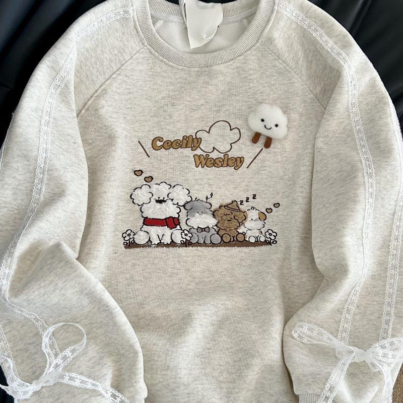 Lace Design with Puppy Pattern Women's Hoodie Round Neck Woman Long Sleeved Pullover Autumn Loose Casual Fashion Top