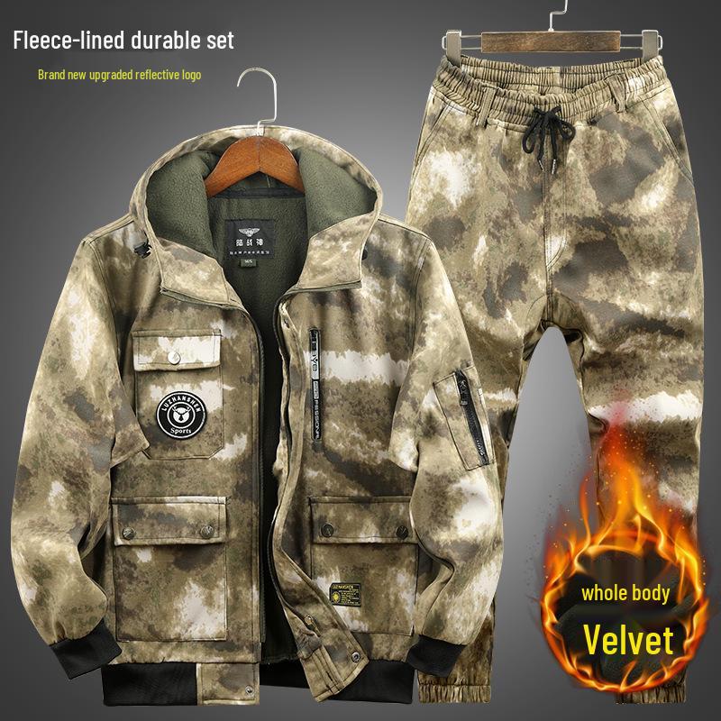 Men's Winter Camouflage Workwear Suit - Cotton, Thick, Fleece-Lined, Warm, Wear-Resistant Labor Protection Outfit.