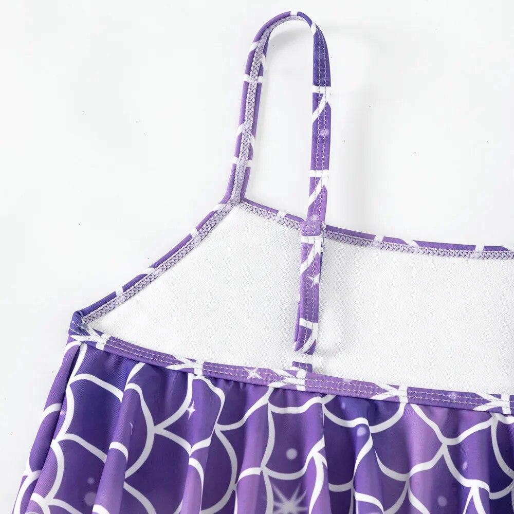 New 3Piece Girls Mermaid Swimsuit Shiny Purple Mermaid Tail Skirt and Princess Split Bikini Sets 5-14 Years Summer Beachwear