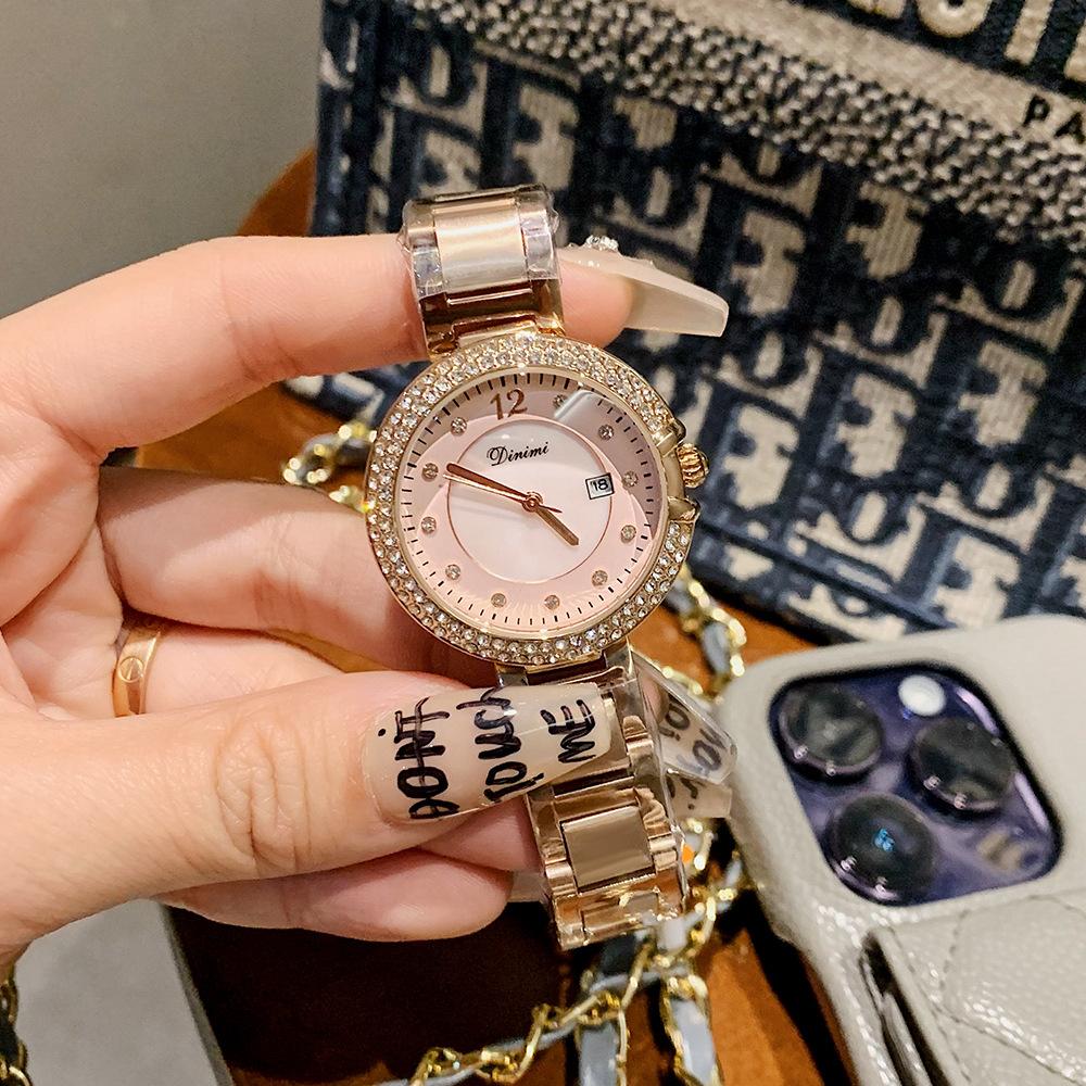 

Новый стиль горный хрусталь мода темперамент легкие роскошные кварцевые часы простые пригородные женские часы со стальным ремешком с календарем