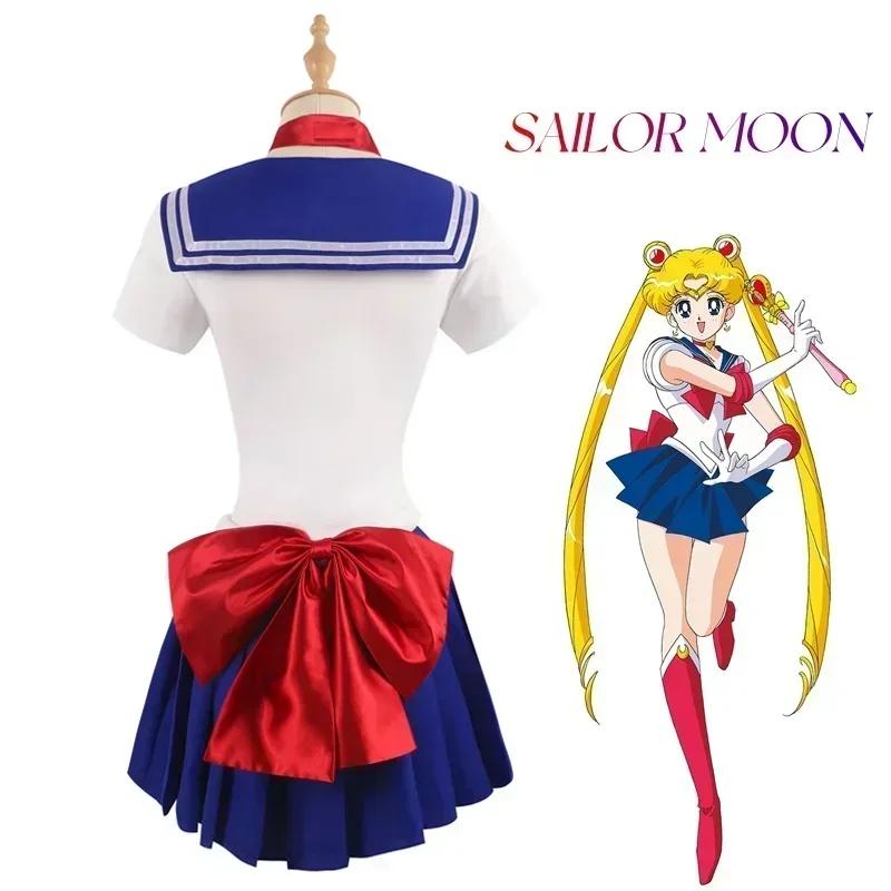 Costume Cosplay da Adulto da Donna Sailor Moon Tsukino Usagi Set 7 Pezzi Vestito Sailor Cristallo Parrucca Accessori Uniforme Outfit Halloween