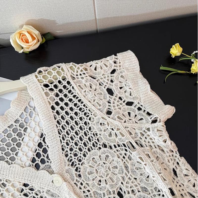 Women's French V-Neck Crochet Knit Cardigan Summer Slimming Loose Fit Versatile Top