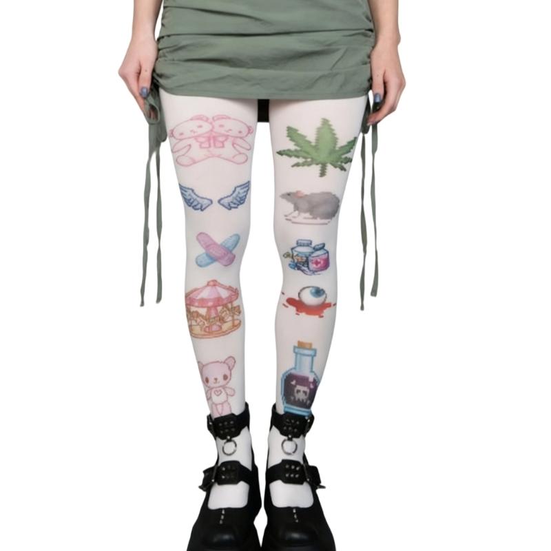 Whimsy Cute Printed Opaque Tights Stockings for Women Japanese Elegant Gothic Grunge Patterned White Pantyhose Leggings