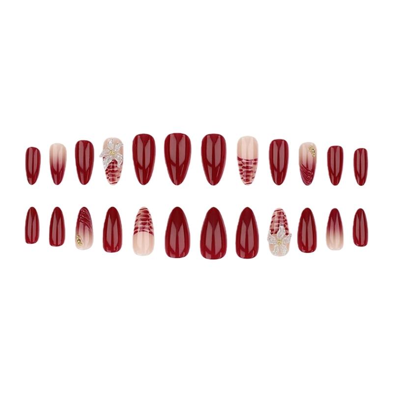 Christmas Wine Red False Nail For Formal Event Sculpted 3D Flower Comfortable Almond Shape Artificial Nail