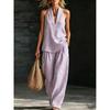 Women Linen V Neck Sleeveless Top and Wide Leg Pants Set Casual Loose Fit Striped Two Piece Outfit for Daily Wear