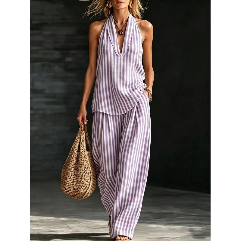 Women Linen V Neck Sleeveless Top and Wide Leg Pants Set Casual Loose Fit Striped Two Piece Outfit for Daily Wear