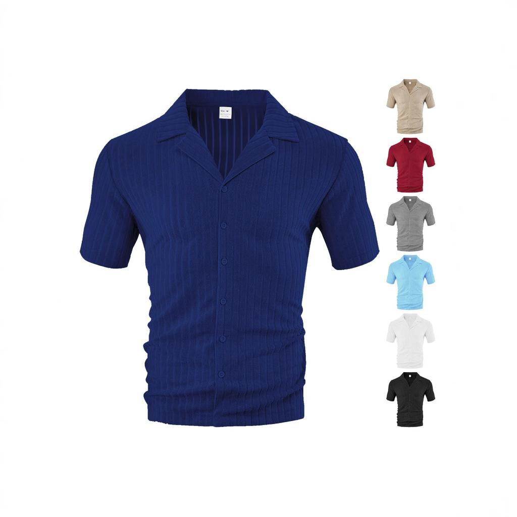 European Size Men's Clothing Summer Loose Casual Breathable Lapel Cardigan Solid Color Towel Jacquard Cloth Short-sleeved Men's Shirt