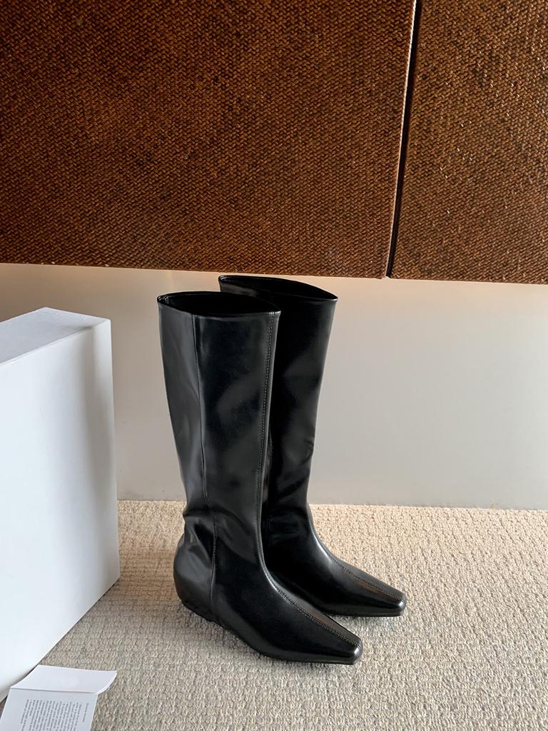 Cowhide version~ Retro inner height-increasing knight boots women's head slope heel western boots stacking boots versatile medium boots