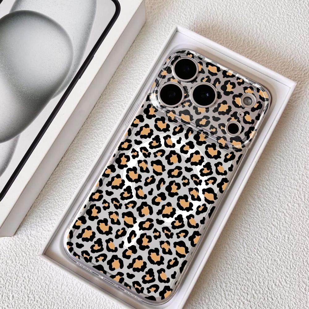 INS Leopard Print Phone Case For iPhone 17 16 15 14 13 12 Pro Max Plus With Magnetic Crystal Clear Case Wireless Charge