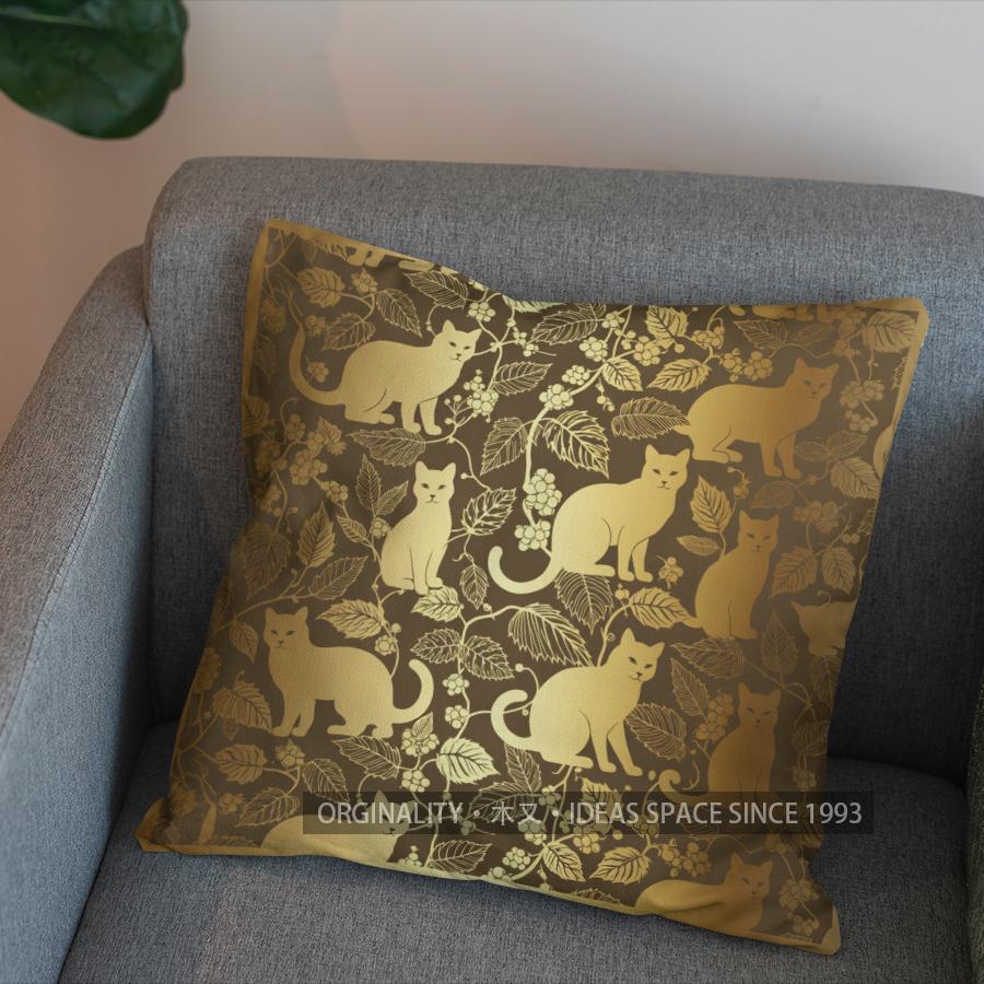 2D Golden Cats And Branches Pillow Cover Pattern Cushion Cover Suitable For Sofa Bedroom Car Pillow Cover
