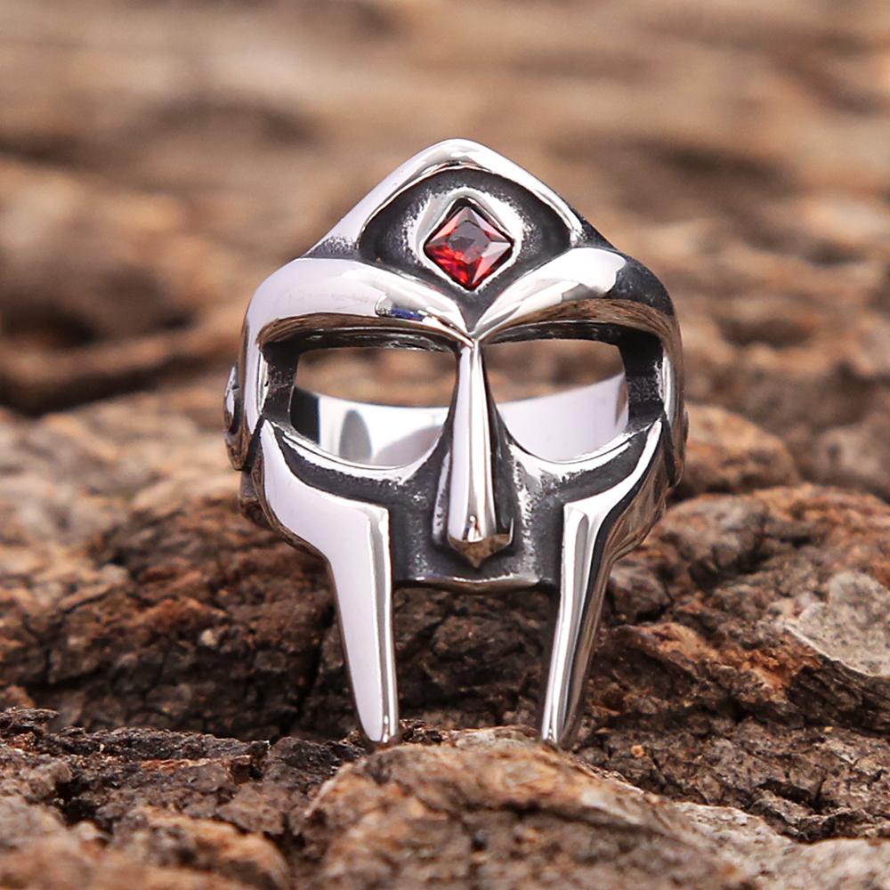 Punk Vintage Stainless Steel MF DOOM Mask Rings With Red Stone Fashion Fingers Jewelry For Men Women Party Amulet Jewelry Gifts