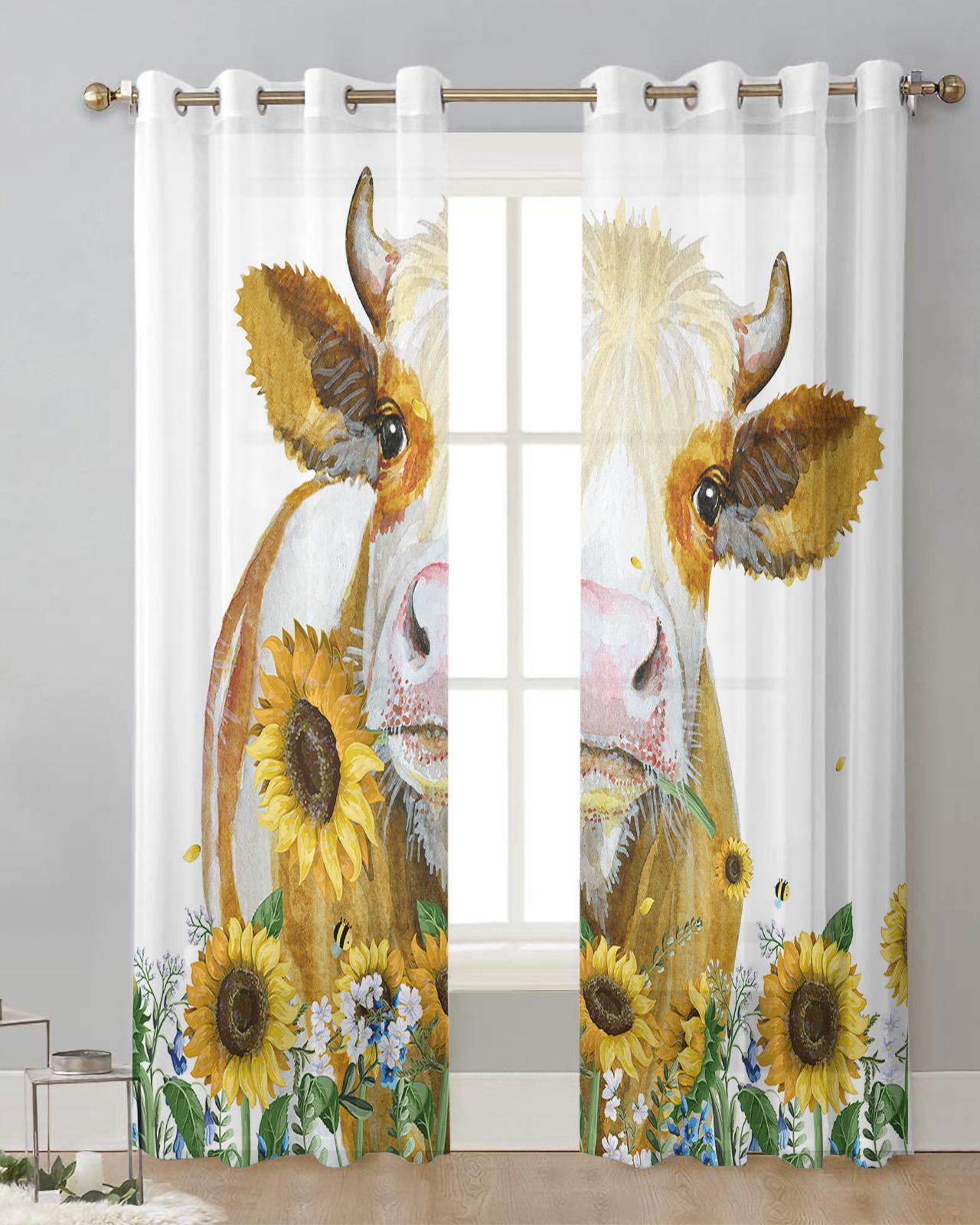 

Шторы из тюля Farm Cow Sunflower для гостиной, спальни, прозрачные шторы на окна, кухни, балкона, современные шторы из вуали W135 x H115cm