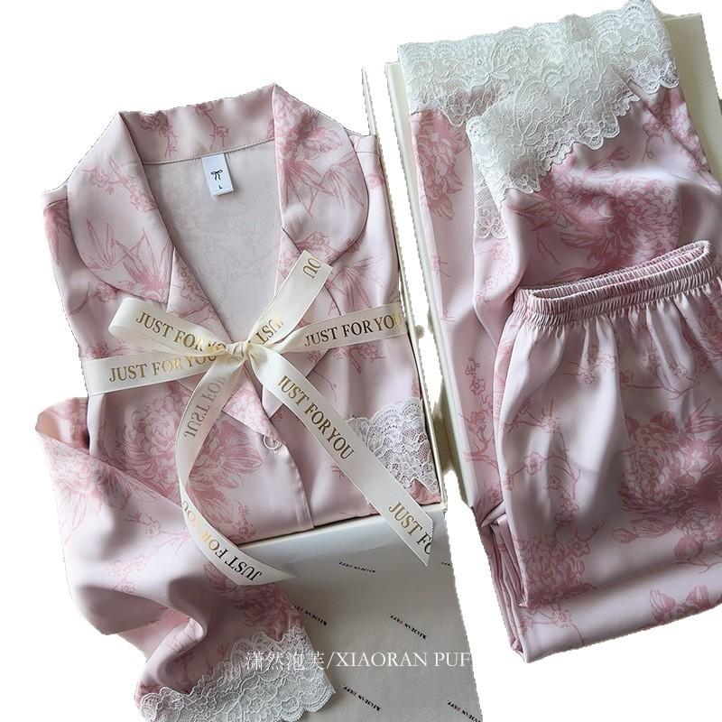 Light Luxury High-end Lace Lace Ice Silk Pajamas Women's Long-sleeved Trousers Thin 1011 New Spring and Summer Loungewear