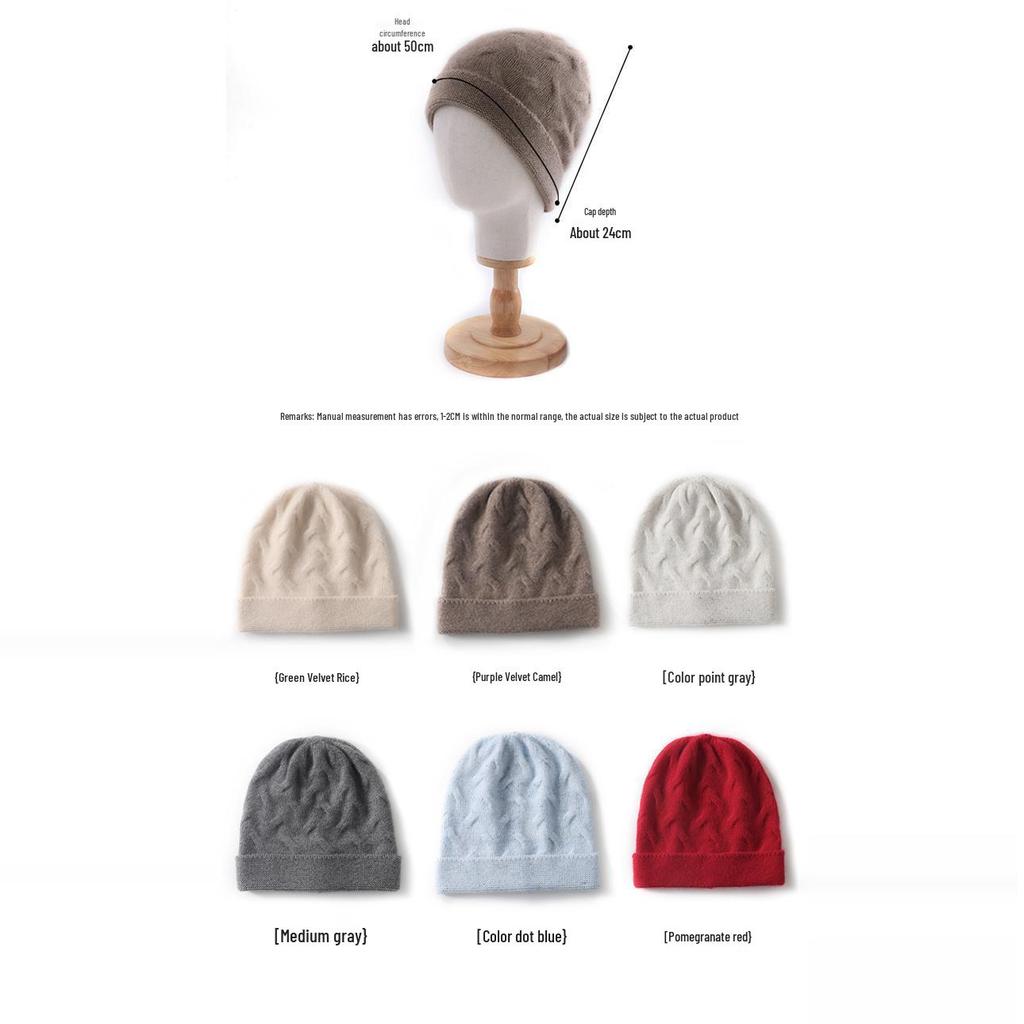 Dicke reine Kaschmir-Strickmütze für Damen - Warm, einfarbig, mit Ohrenschutz für den Winter