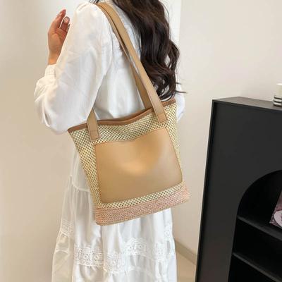 Splicing New Trendy Fashion Woven Large-capacity Bucket Bag Beach Straw Shoulder Portable Tote Women's Bag