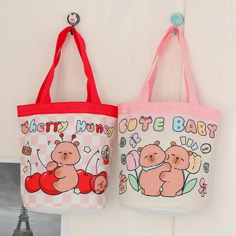 1Pc Large Capacity Capybara Canvas Bags Cartoon Patterns Lightweight Student Document Bag Shopping Bag Cute Casual Handbag