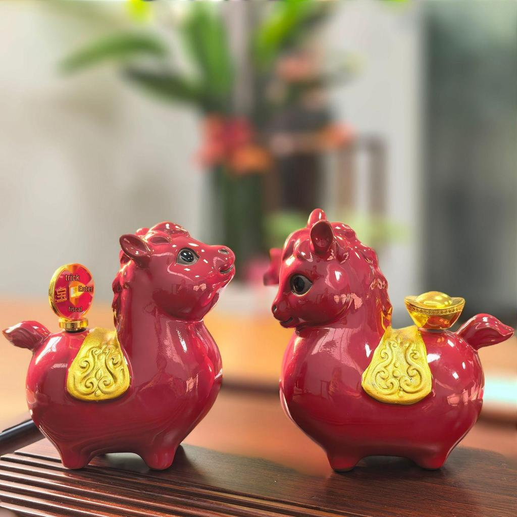 Festive Red Horse Money Ornament Pair - Lucky Resin Decoration for Office or Entrance