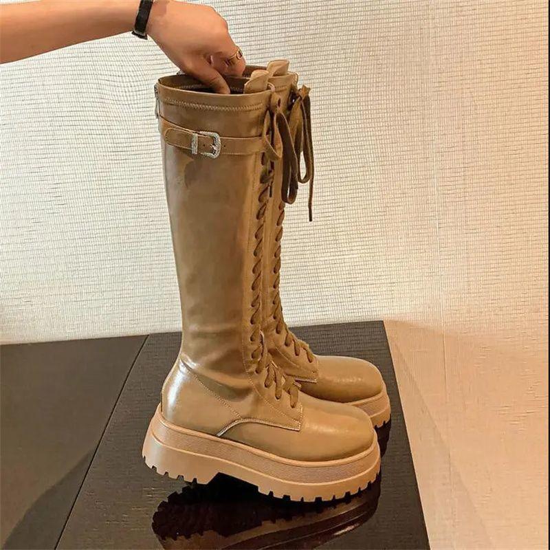 ins trendy belt buckle muffin thick-soled high boots women's autumn and winter lace-up but knee boots popular Internet celebrity women's boots