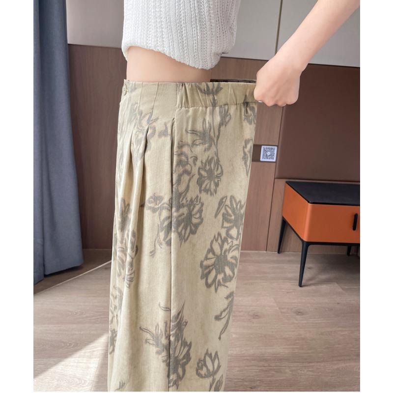 Pantaloni de vară pentru femei, imprimeu vintage, in subțire, talie înaltă, picior larg, cu buzunar