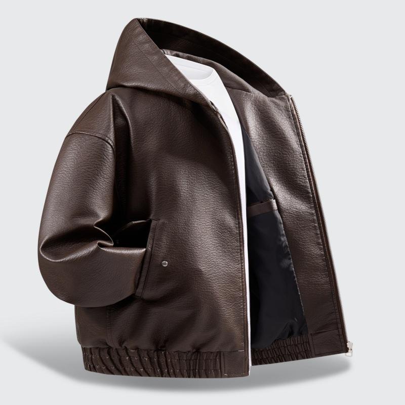 American solid color hooded locomotive clothing middle-aged and young leather clothing autumn and winter new racing clothing tide brand cardigan PU le