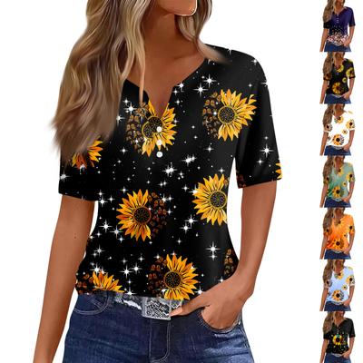 Women's Casual Printed V-neck Short Sleeved Decorative Button T-shirt Top