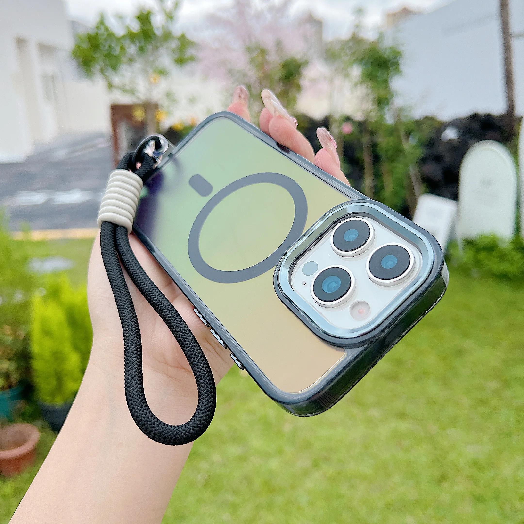

Fashion Laser Gradient Magnetic Lanyard Shockproof Case for iPhone 16 Pro Max 15 14 13 11 12 Pro Max 16Plus 16E Magsafe Cover For iPhone 16 ProMax&Case & Strap