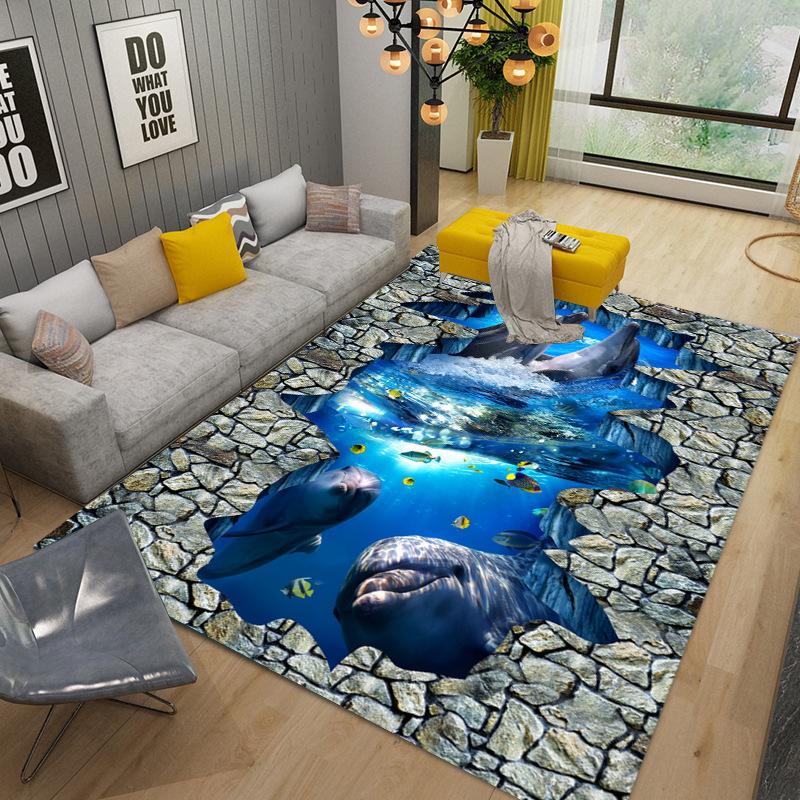 

3D иллюзия морского дна, подводный мир, коврик с дельфином и акулой, коврик для гостиной, спальни, дивана, коврик, нескользящий напольный коврик 40x60CM