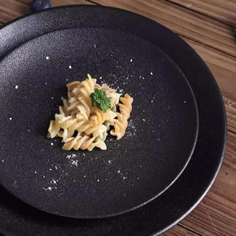 ceramic dishes Black retro ceramic steak plate Hotel Restaurant Simple Plate Fruit Western Plates Shallow round frosted dish