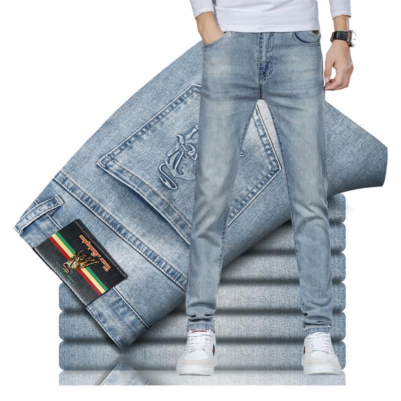 Pánské slim rovné džíny s malou výšivkou - Evropská móda Čtyřsezónní denim