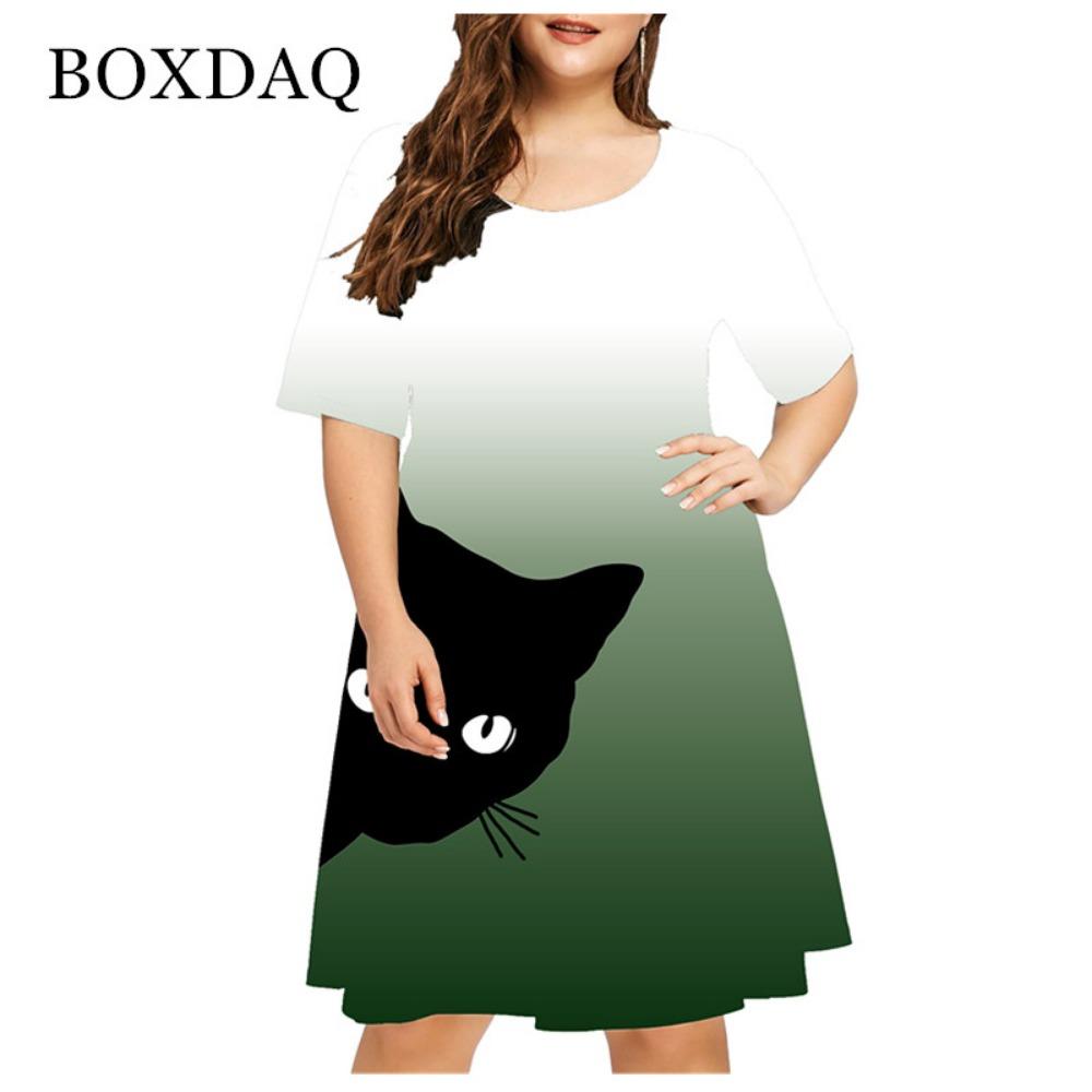 New  Summer Women Cute Cat Print Dress Casual Short Sleeve Ladies Mini Dress Street Fashion Plus Size Women Clothing