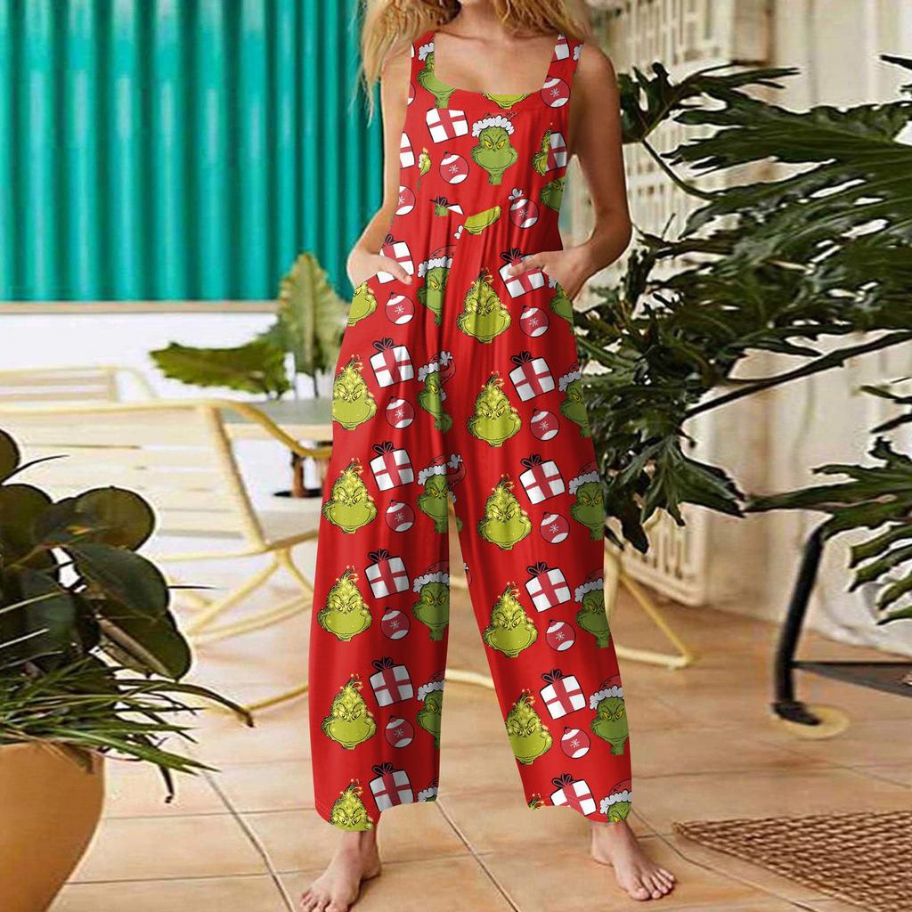 Women's Casual Loose Jumpsuit Christmas Print Wide Leg Jumpsuit Sleeveless With Pockets
