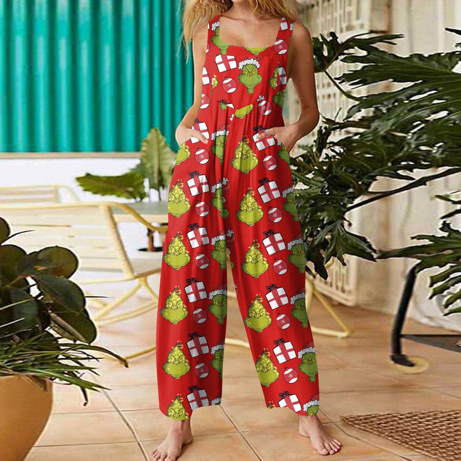 

Женский повседневный свободный комбинезон с рождественским принтом, комбинезон с широкими штанинами, без рукавов, с карманами XL