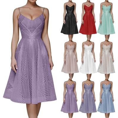 Damen Sexy Farbe Träger Stickerei Ärmellos Party Mode Kleid