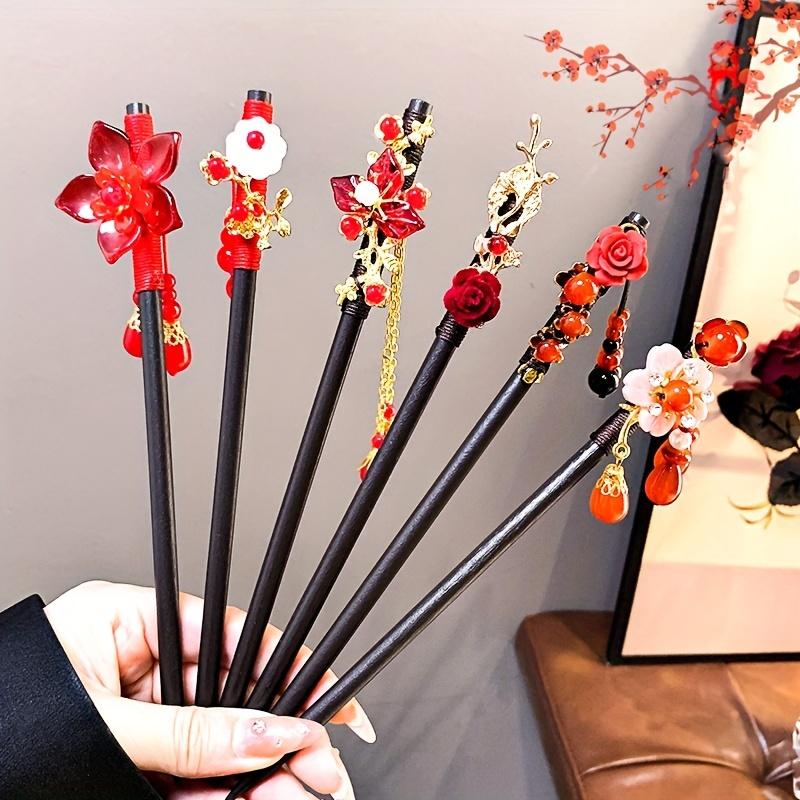 1pc of Wooden Red Rose Flower Tassel Faux Pearl Hairpin, Vintage New Year, Bridal Gift Hair Accessory, Christmas Present