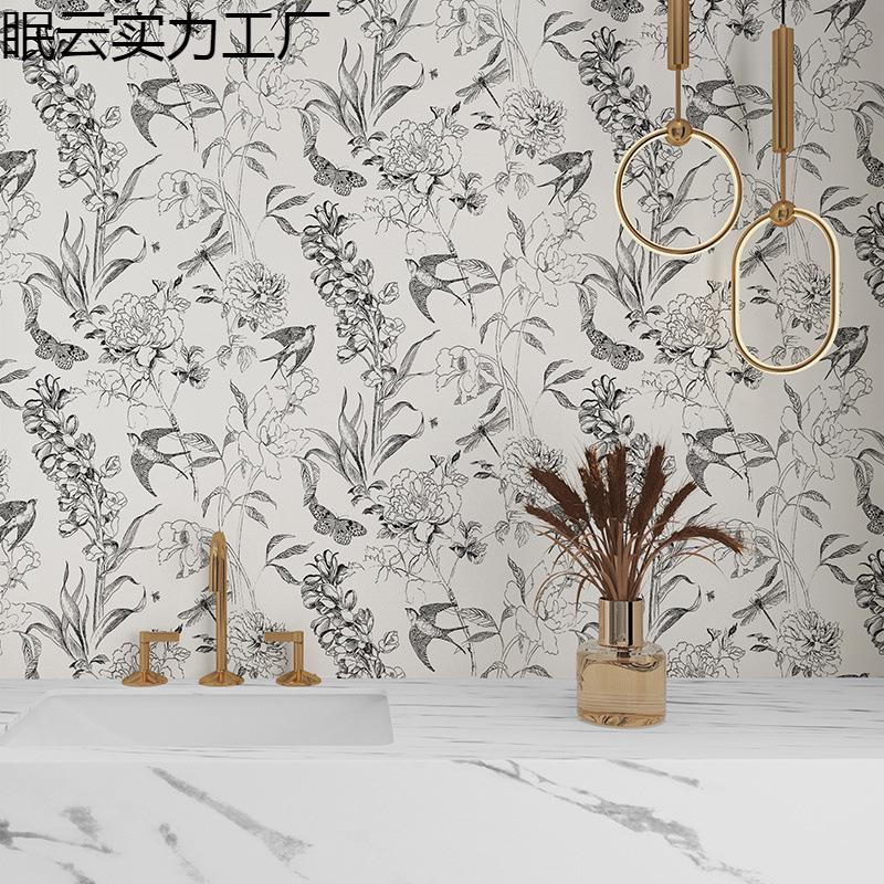 Papier Peint Adhésif Imperméable Croquis Hirondelle Rétro Français pour Carrelage de Salle de Bain