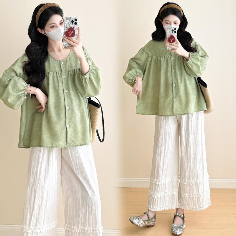 

Spring Maternity Set: Fresh, Loose-Fit Long-Sleeve Doll Shirt & Lace Wide-Leg Pants M